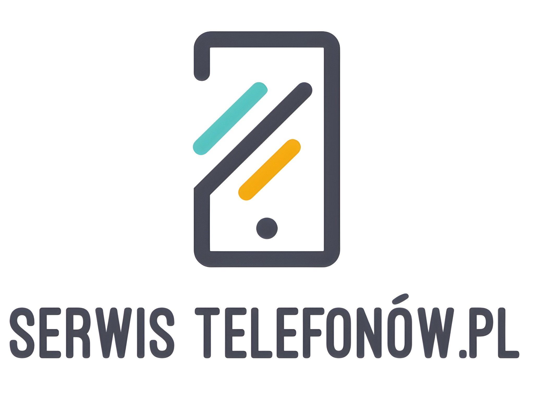 Stylizowane logo przedstawiające smartfon z ukośnymi paskami w kolorach turkusowym i pomarańczowym zamiast ekranu, poniżej napis SERWIS TELEFONÓW.PL w kolorze grafitowym.