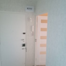 System Perfect Sp. z o.o. - Białe drzwi wejściowe do mieszkania z widoczną instalacją elektryczną na ścianie i fragmentem wnętrza z dekoracyjnymi pasami na ścianie, z widocznym fragmentem podłogi i zwierzęciem w dolnej części...