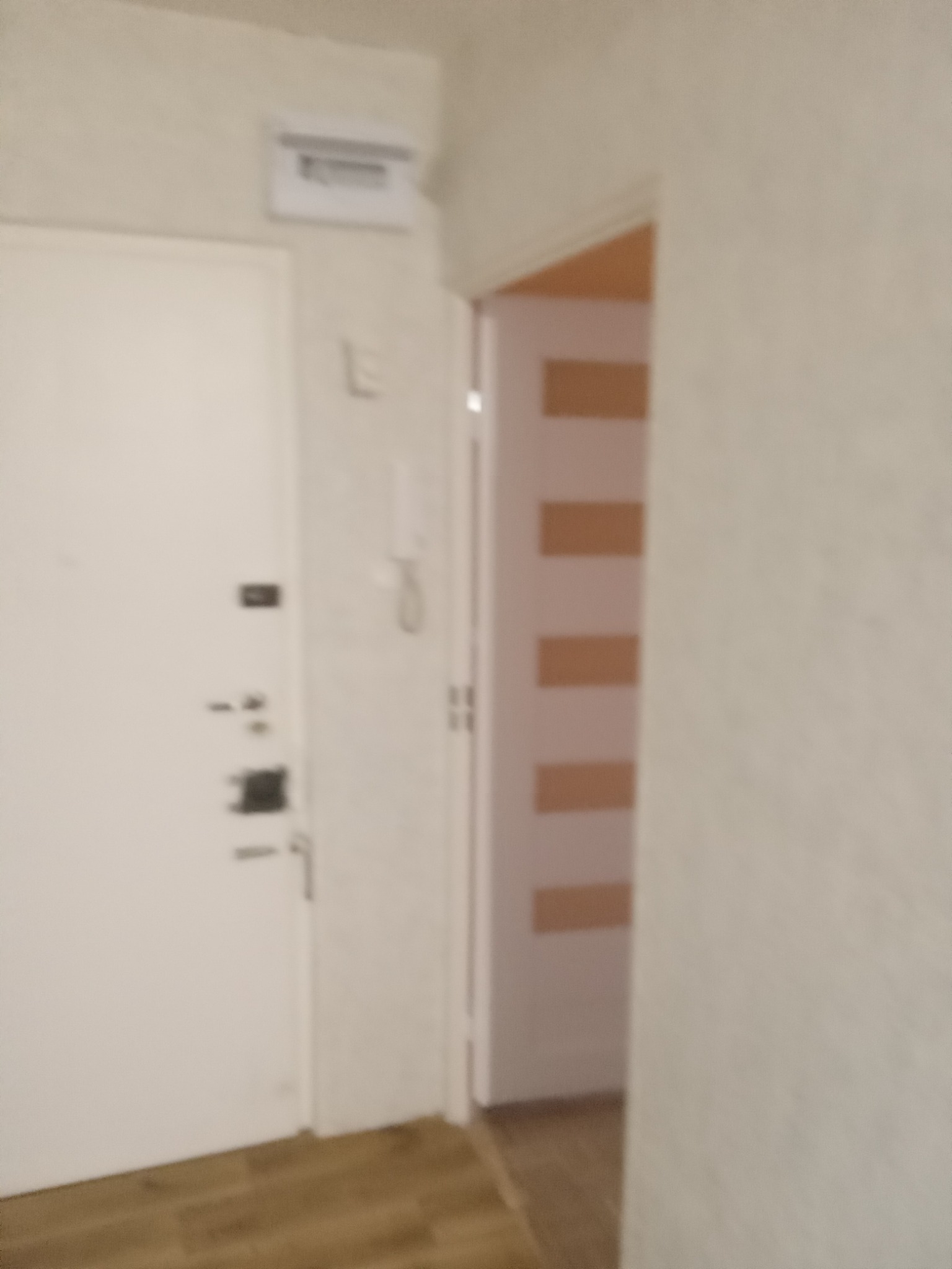 Widok na białe drzwi wejściowe z zamkiem i domofonem, obok otwarte drzwi do pokoju z poziomymi pasami na ścianie, drewniana podłoga w korytarzu.