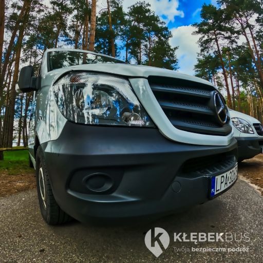 Przód białego busa Mercedes-Benz Sprinter z widoczną tablicą rejestracyjną LPA 3268, zaparkowanego na tle lasu sosnowego, z logo firmy transportowej w prawym dolnym rogu.