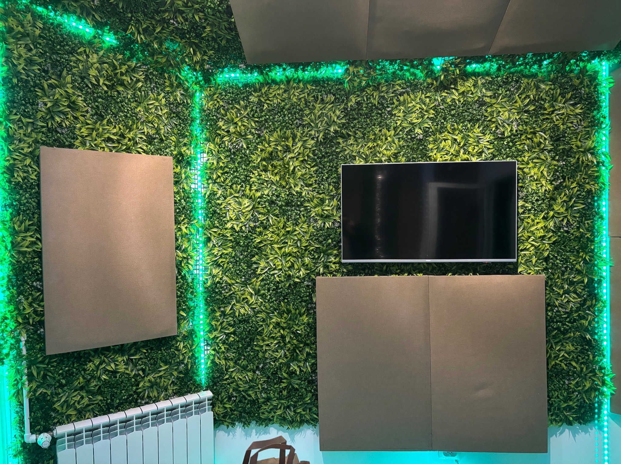 Pokój z zieloną ścianą z roślin, podświetlony neonem LED, z ekranem i panelami akustycznymi. Nietypowe oświetlenie i aranżacja wnętrza.