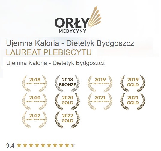 Logo firmy 'Orły Medycyny' oraz nagrody i wyróżnienia 'Ujemna Kaloria - Dietetyk Bydgoszcz' z lat 2018-2022 w plebiscycie, w tym złote i brązowe laury.