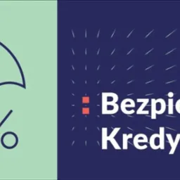 Grafika reklamowa: parasol symbolizujący ochronę, napis 'Bezpieczny Kredyt 2%' na granatowym tle z drobnymi białymi kreskami.