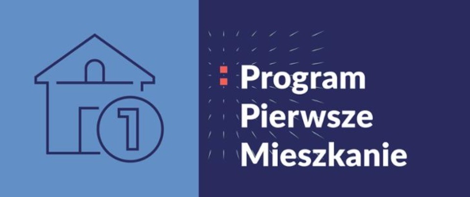 Grafika przedstawia logo programu rządowego 'Pierwsze Mieszkanie' z uproszczonym rysunkiem domu z numerem 1 w kółku na niebieskim tle oraz nazwą programu na granatowym tle z dekoracyjnymi promieniami.