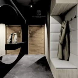 Wizualizacja przedpokoju z szarą marmurową podłogą, drewnianymi drzwiami z geometrycznym wzorem, dwoma białymi figurkami zwierząt, panelem ściennym z obiciem i wieszakiem na ubrania z płaszczem.