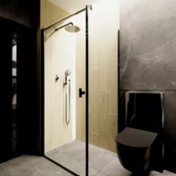 Nowoczesna łazienka z kabiną prysznicową typu walk-in z czarnymi profilami i deszczownicą, oraz wiszącą toaletą w kolorze czarnym na tle marmurowej ściany.