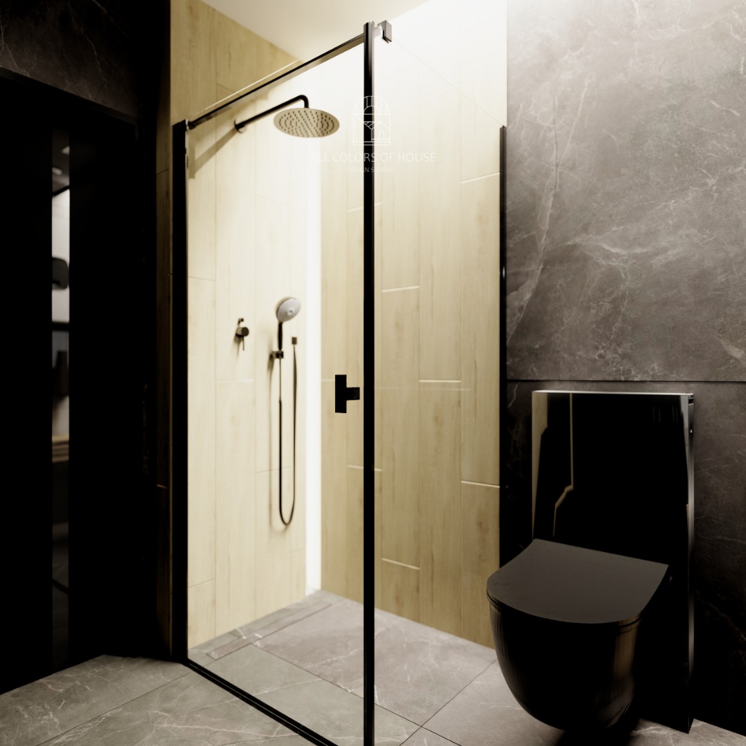Nowoczesna łazienka z kabiną prysznicową typu walk-in z czarnymi profilami i deszczownicą, oraz wiszącą toaletą w kolorze czarnym na tle marmurowej ściany.