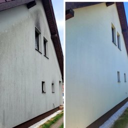 RH Dobre Czyszczenie - Porównanie stanu elewacji domu przed i po czyszczeniu w Łęknicy. Po lewej stronie widoczna jest brudna, szara ściana z zaciekami, a po prawej czysta, jasna elewacja.