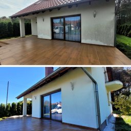 RH Dobre Czyszczenie - Porównanie elewacji budynku przed i po czyszczeniu, widoczna różnica w kolorze i usunięciu zabrudzeń, brązowa kostka brukowa na tarasie.