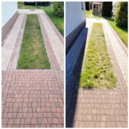Porównanie stanu kostki brukowej przed i po czyszczeniu: po lewej stronie kostka brązowa, czysta, po prawej stronie widoczny trawnik z chwastami i zabrudzona kostka.