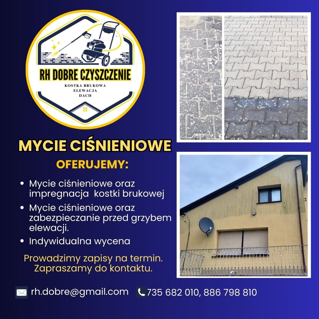 Plakat reklamowy firmy oferującej usługi czyszczenia ciśnieniowego kostki brukowej, elewacji i dachów, z przykładami efektów przed i po oraz danymi kontaktowymi.
