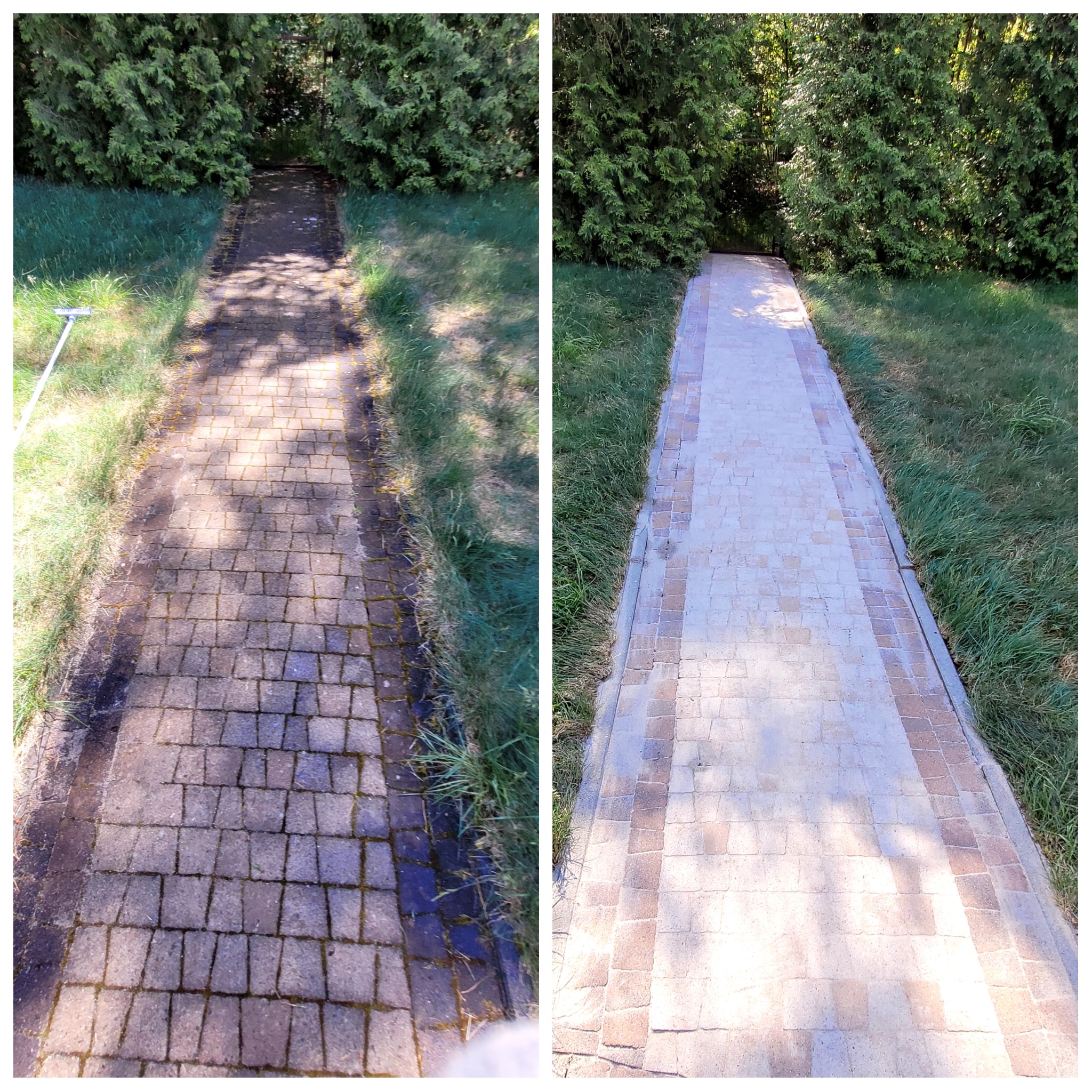 Porównanie kostki brukowej przed i po czyszczeniu: po lewej stronie brudna, porośnięta mchem kostka, po prawej wyczyszczona, jasna kostka brukowa z widocznym wzorem. Na brudnej kostce widoczny cień...