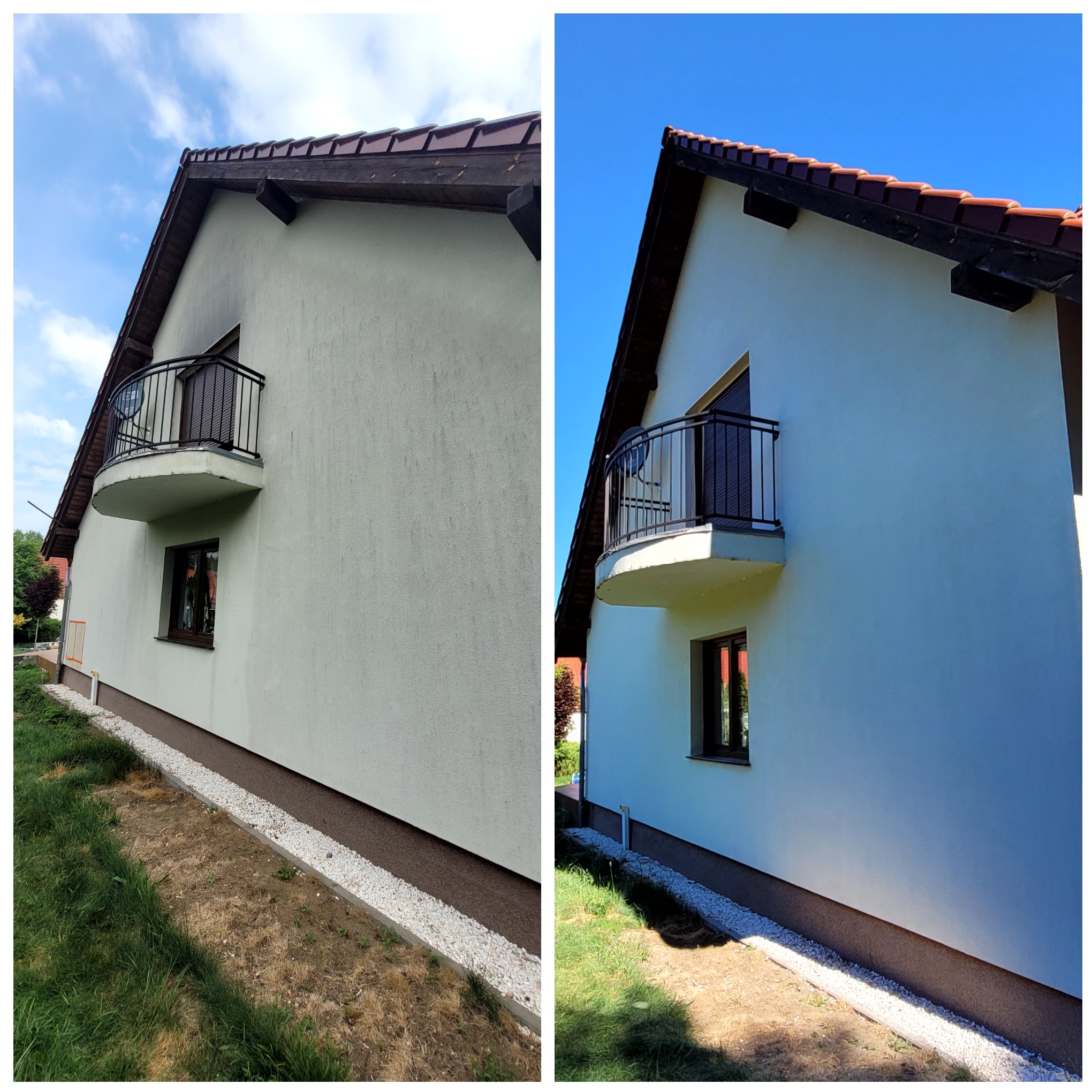 Porównanie elewacji budynku przed i po czyszczeniu, widoczne różnice w kolorze i czystości, balkon z czarną balustradą, brązowe okna i dachówka.