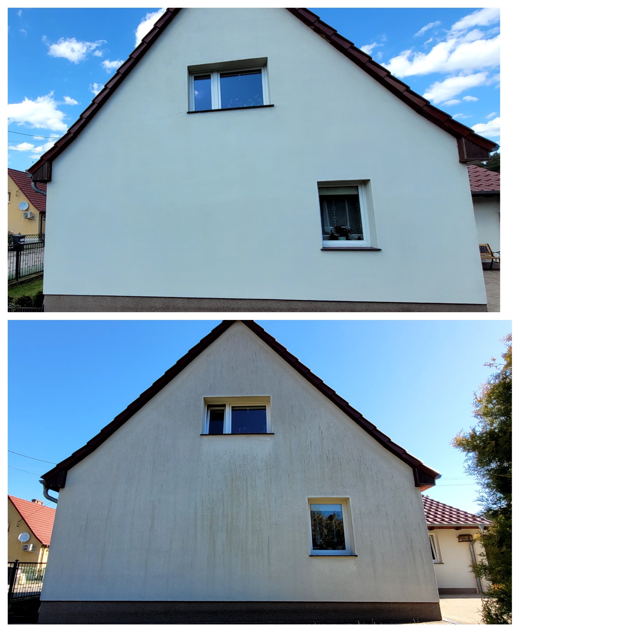 Porównanie stanu elewacji budynku przed i po czyszczeniu, widoczne różnice w kolorze i usunięcie zabrudzeń.