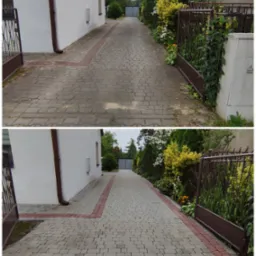 Długa, szara kostka brukowa prowadząca do metalowej bramy w tle, z widocznymi chwastami na kostce w górnej części zdjęcia przed czyszczeniem, w dolnej części po czyszczeniu.