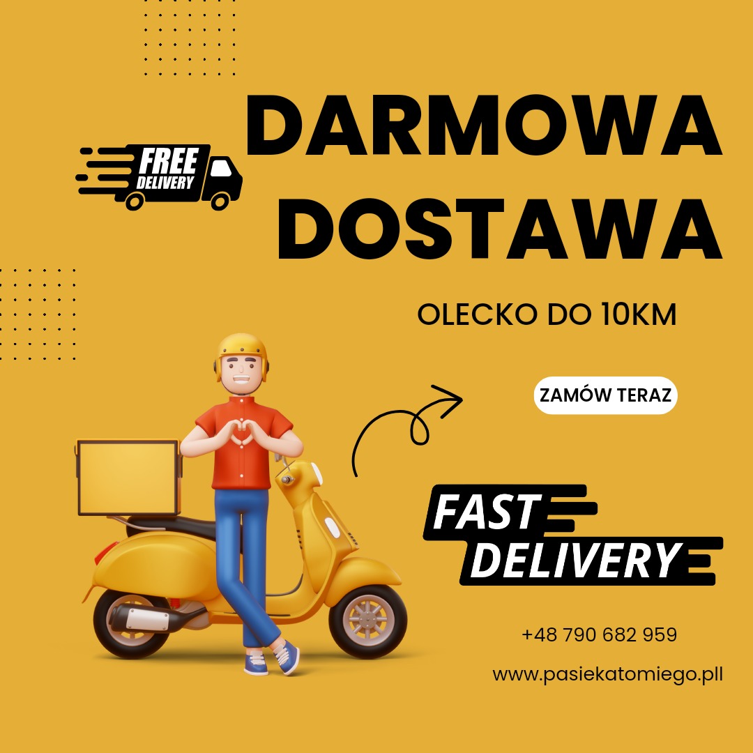 Grafika reklamowa darmowej dostawy produktów z pasieki w Olecku do 10km, przedstawiająca kuriera na skuterze z pudełkiem, który formuje rękami serce.