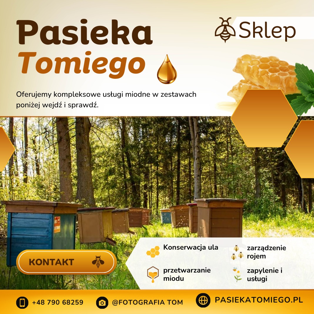 Reklama pasieki Tomiego z urokliwym ujęciem uli ustawionych na skraju lasu, oferującej kompleksowe usługi miodne.