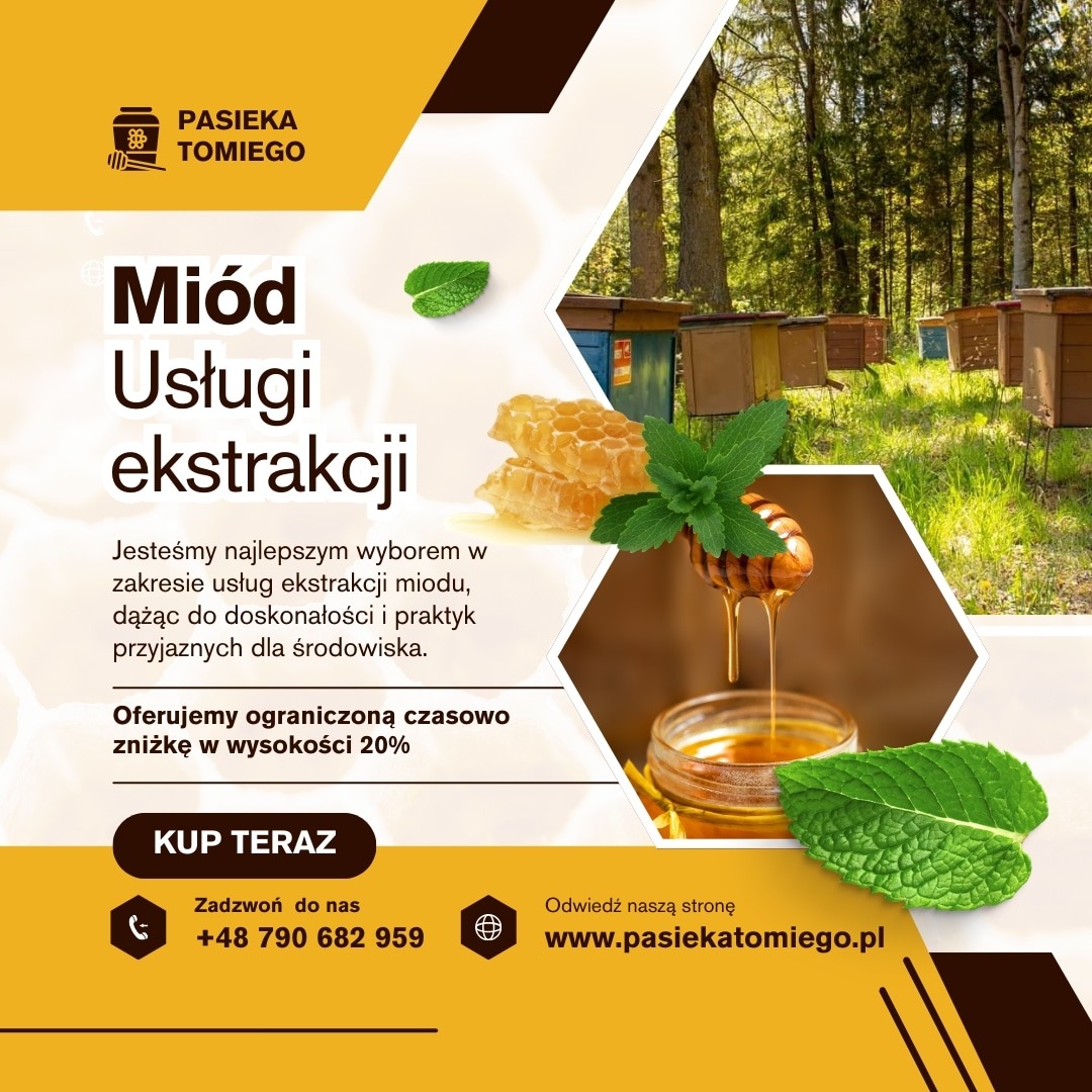 Grafika reklamowa pasieki z ujęciem słoika z miodem, plastra miodu, ula w tle oraz listków mięty, promująca usługi ekstrakcji.