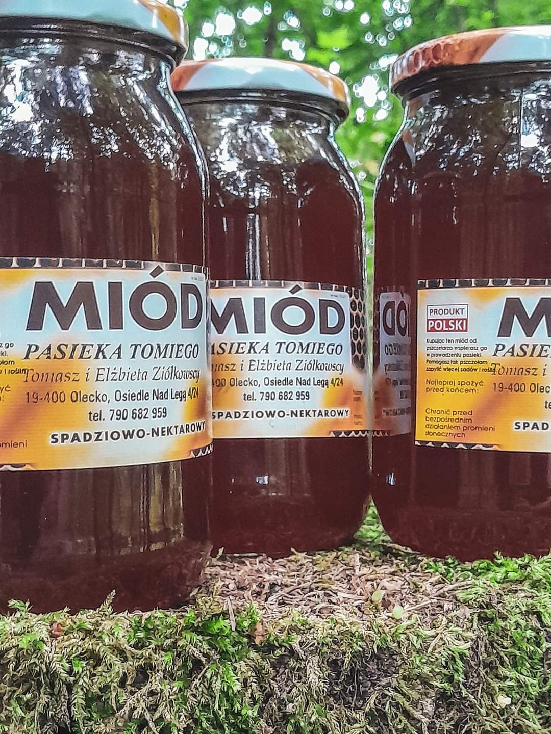 Trzy słoiki miodu spadziowo-nektarowego z pasieki w Olecku, ustawione na mchu, z widocznymi etykietami producenta.