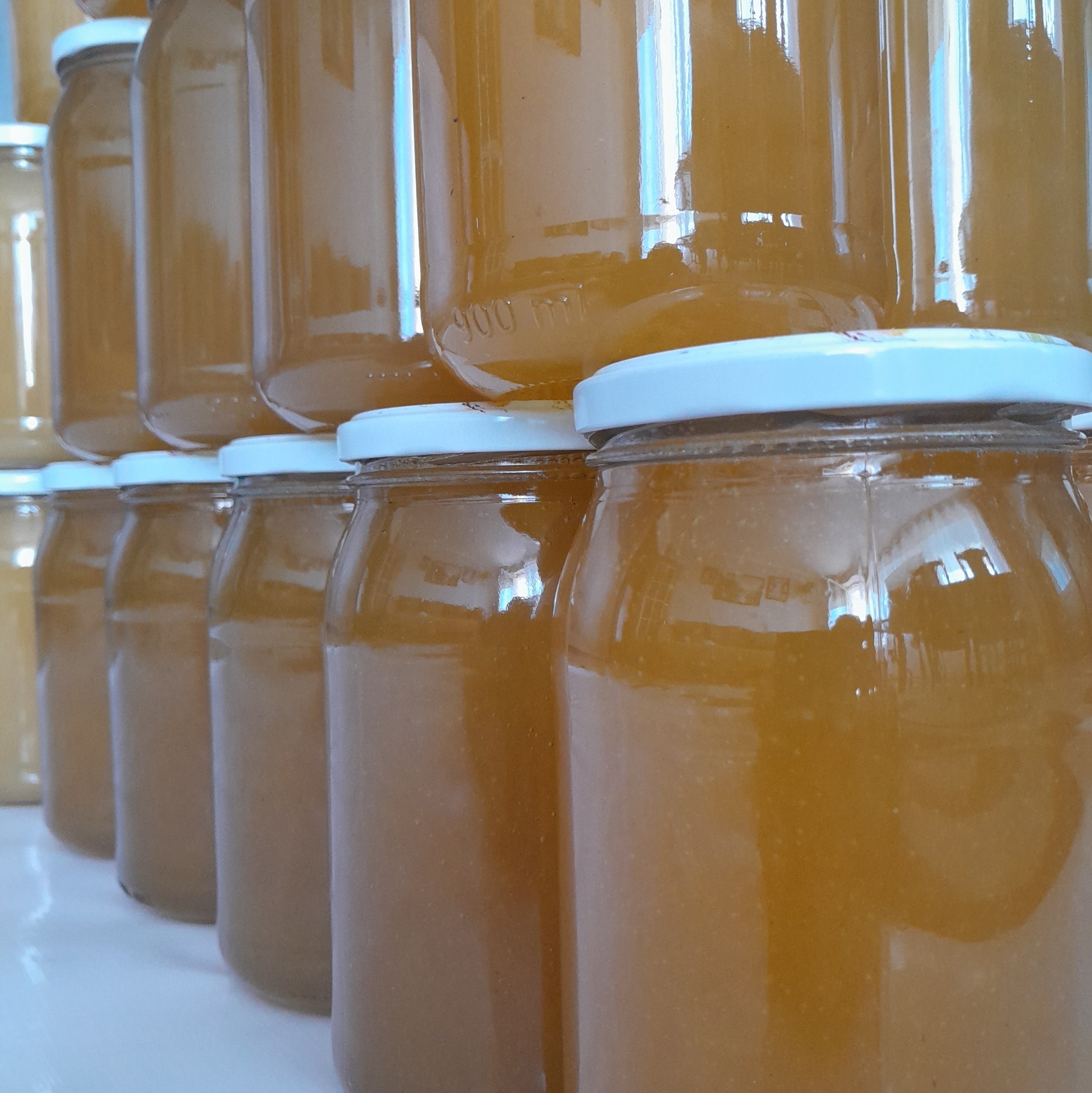 Rząd słoików z jasnym, gęstym płynem, prawdopodobnie produktem pszczelim, z białymi zakrętkami, ustawionych na jasnej powierzchni, widoczne refleksy świetlne na szkle.