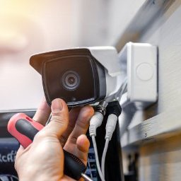 Instalacja kamery monitoringu: dłoń instalatora przykręca osłonę kamery CCTV do ściany, widoczne kable i skrzynka przyłączeniowa.