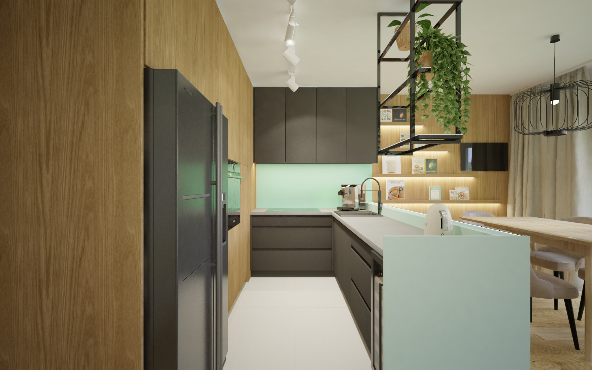 Wnętrze nowoczesnej kuchni z drewnianymi i grafitowymi elementami, oświetleniem punktowym i wiszącą rośliną, widok na stół jadalny i krzesła w tle.