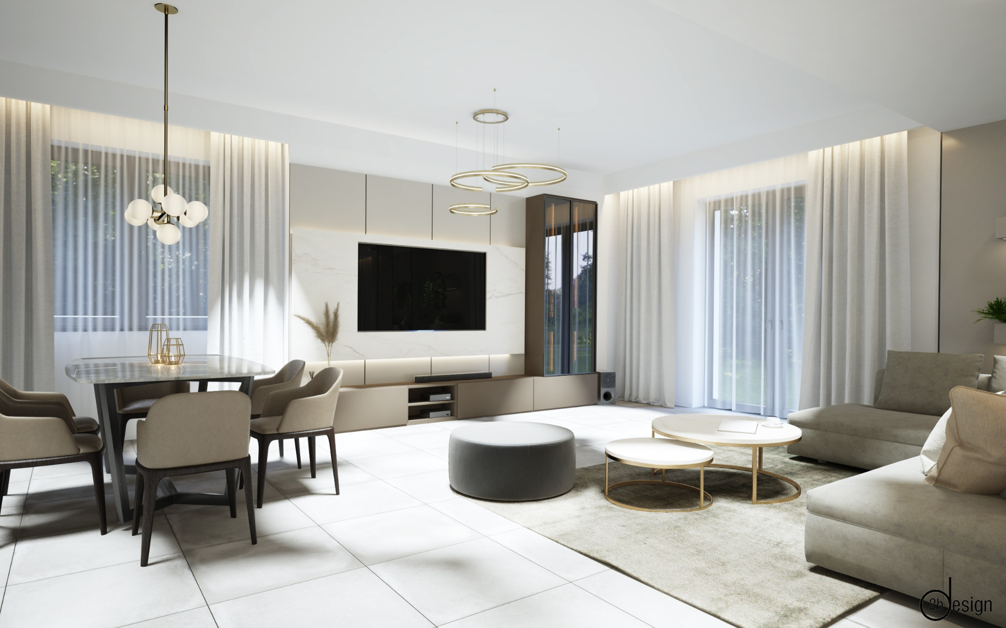 Jasne, przestronne wnętrze salonu z jadalnią, z marmurową ścianą TV, okrągłymi stolikami kawowymi i designerskimi lampami wiszącymi.