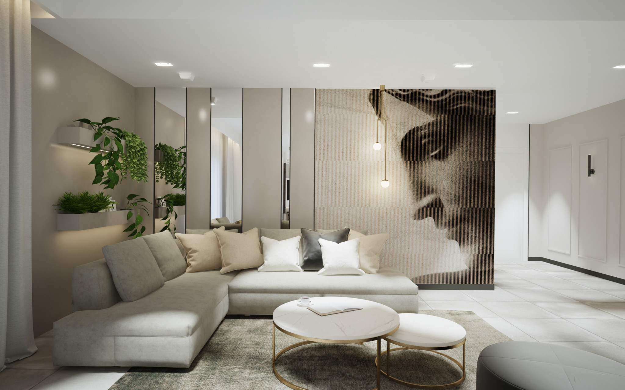 Nowoczesny salon z narożną sofą w odcieniach szarości, marmurowymi stolikami kawowymi ze złotymi obrzeżami, pionowymi lustrami i dekoracyjną ścianą z abstrakcyjnym portretem.