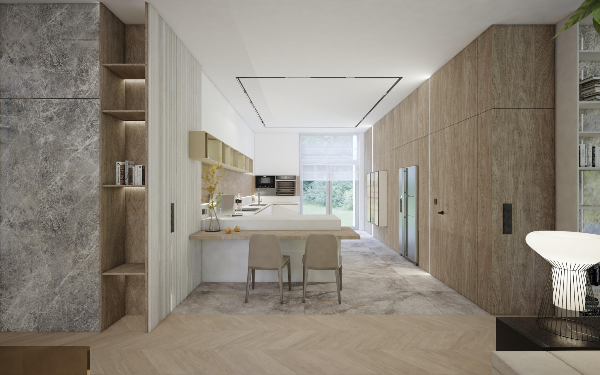 Wnętrze nowoczesnej kuchni z marmurową podłogą, drewnianymi panelami ściennymi i wyspą z dwoma krzesłami, oświetlona liniowym światłem LED.