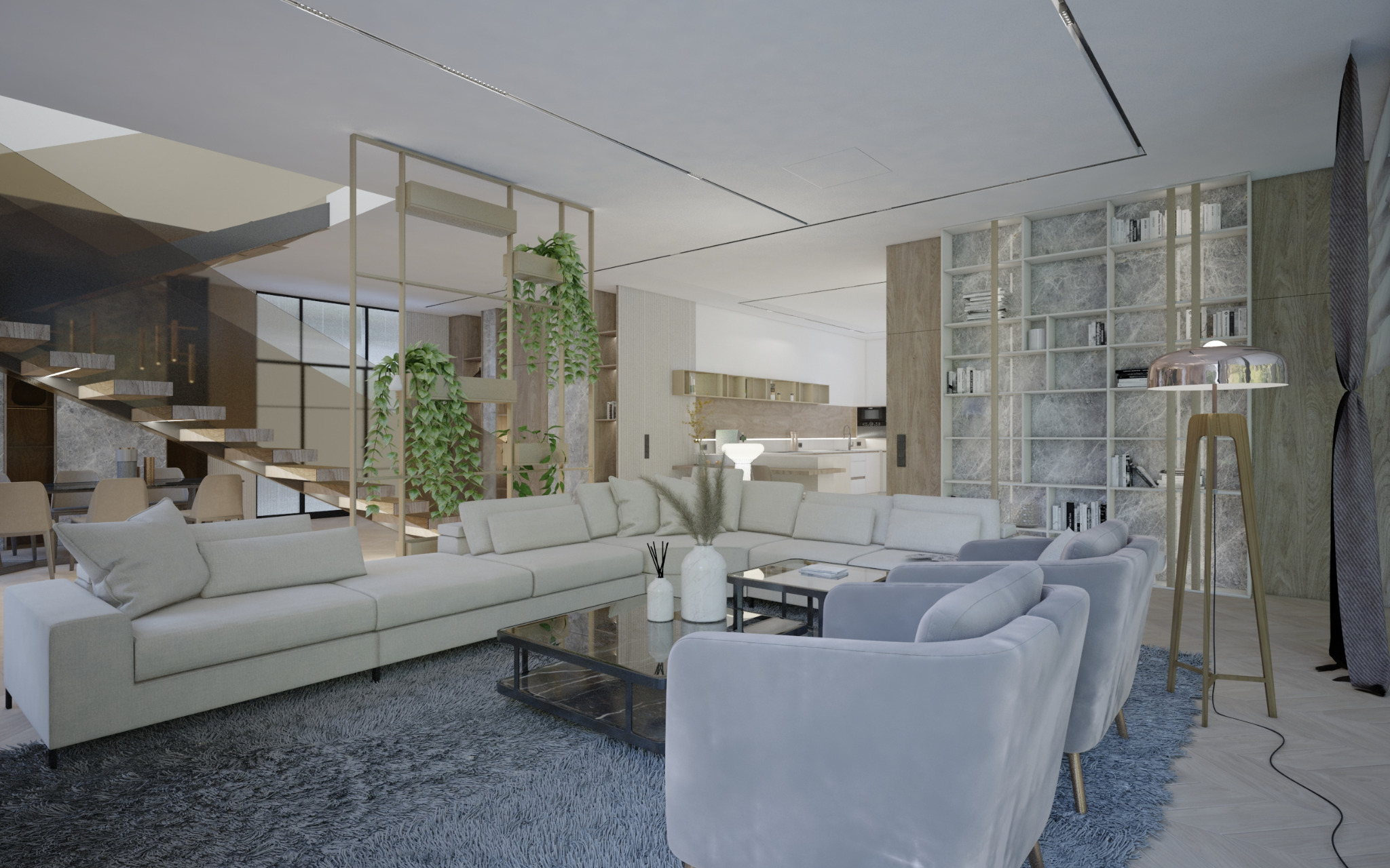 Przestronny salon z elementami drewna, schodami z podświetleniem i roślinami wiszącymi, uzupełniony o jasną sofę narożną i szare fotele.