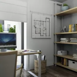Wizualizacja domowego biura z biurkiem, komputerem, regałem z książkami i planem mieszkania na ścianie.