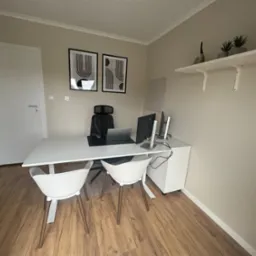 Nowoczesne biuro z białym biurkiem, krzesłami i laptopem, minimalistyczne dekoracje ścienne i półka z roślinami.