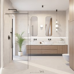 Pracownia WAM - Nowoczesna łazienka z kabiną prysznicową typu walk-in, podwójną umywalką nablatową na szafce z drewnianymi frontami, dwoma podłużnymi lustrami i minimalistycznym oświetleniem.