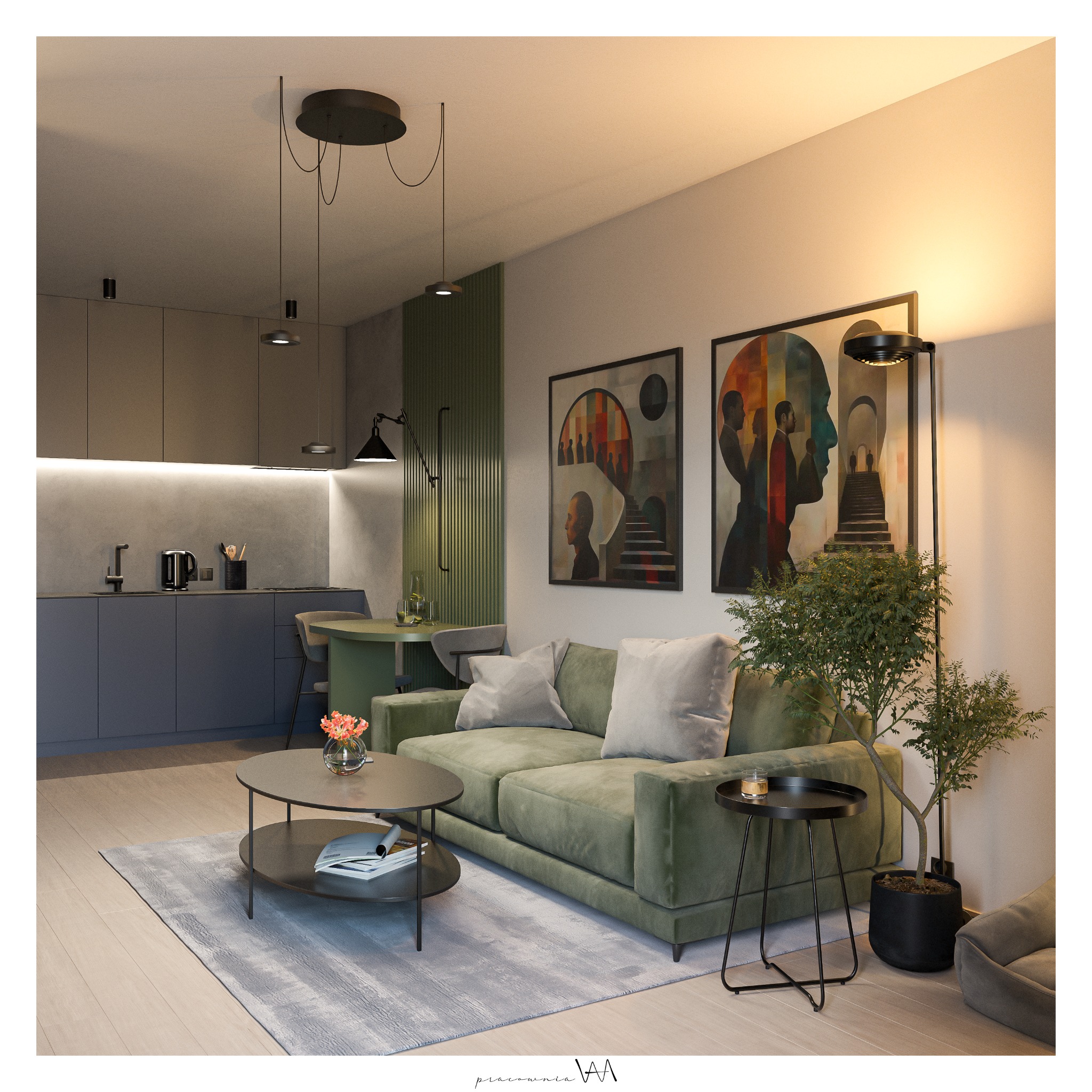 Wnętrze mieszkania z zieloną sofą, okrągłym stolikiem kawowym, dywanem w odcieniach szarości, kuchennym aneksem w tle i modernistycznymi obrazami na ścianie.