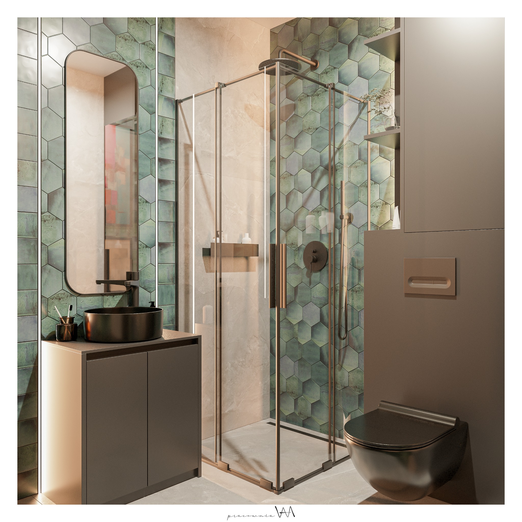 Nowoczesna łazienka z heksagonalnymi płytkami w odcieniach zieleni, kabiną prysznicową ze złotymi ramami, czarną umywalką nablatową i podwieszaną toaletą w kolorze grafitowym.