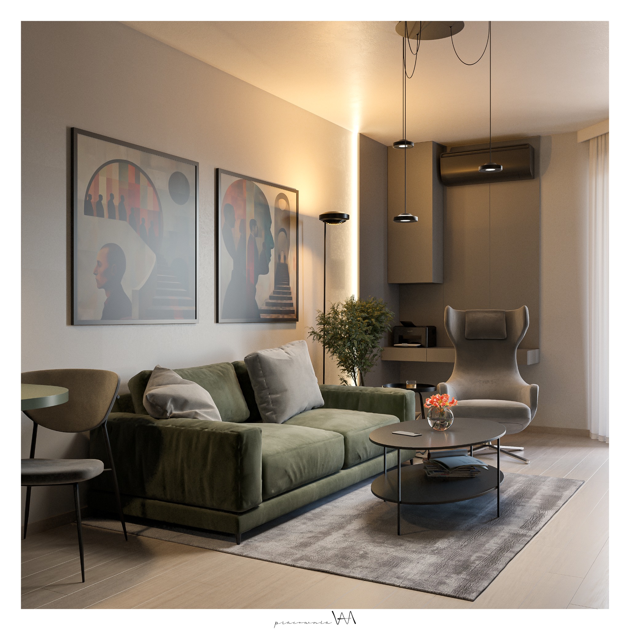 Wizualizacja salonu z zieloną sofą, okrągłym stolikiem kawowym, fotelami, grafikami na ścianie i subtelnym oświetleniem LED.