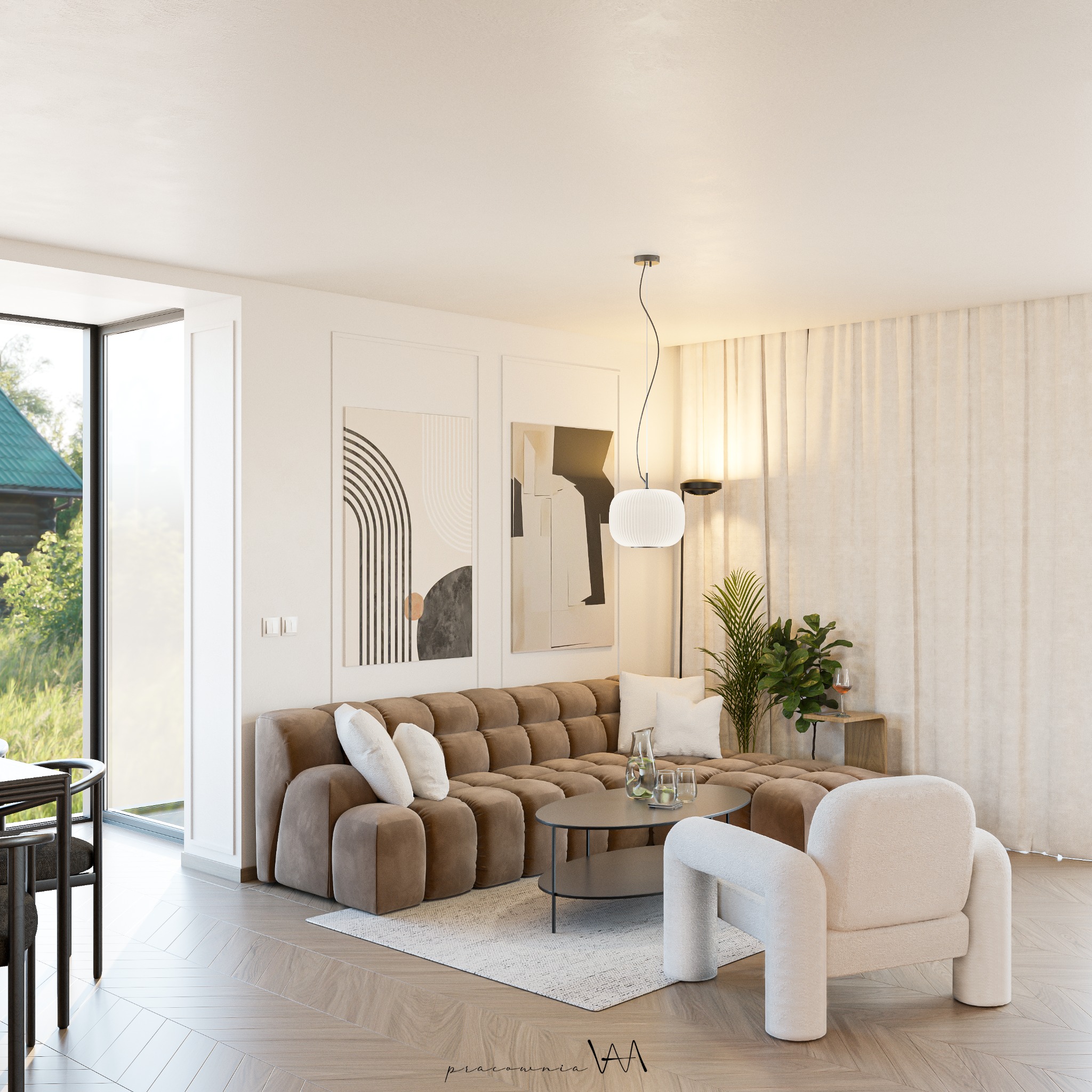 Jasne, przestronne wnętrze salonu z brązową sofą modułową, białym fotelem o zaokrąglonych kształtach, okrągłym stolikiem kawowym, dywanem w neutralnych barwach i drewnianą podłogą w jodełkę; za...