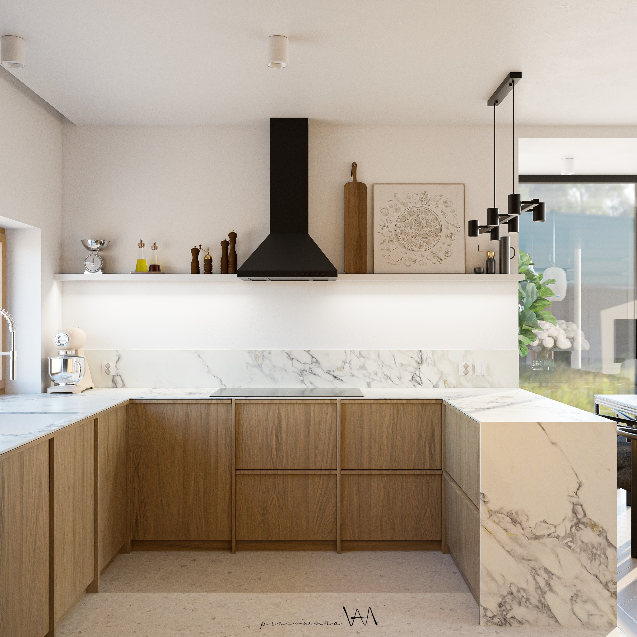 Nowoczesna kuchnia z drewnianymi szafkami, marmurowym blatem i czarnym okapem, oświetlona lampami sufitowymi i z dekoracjami na półce.