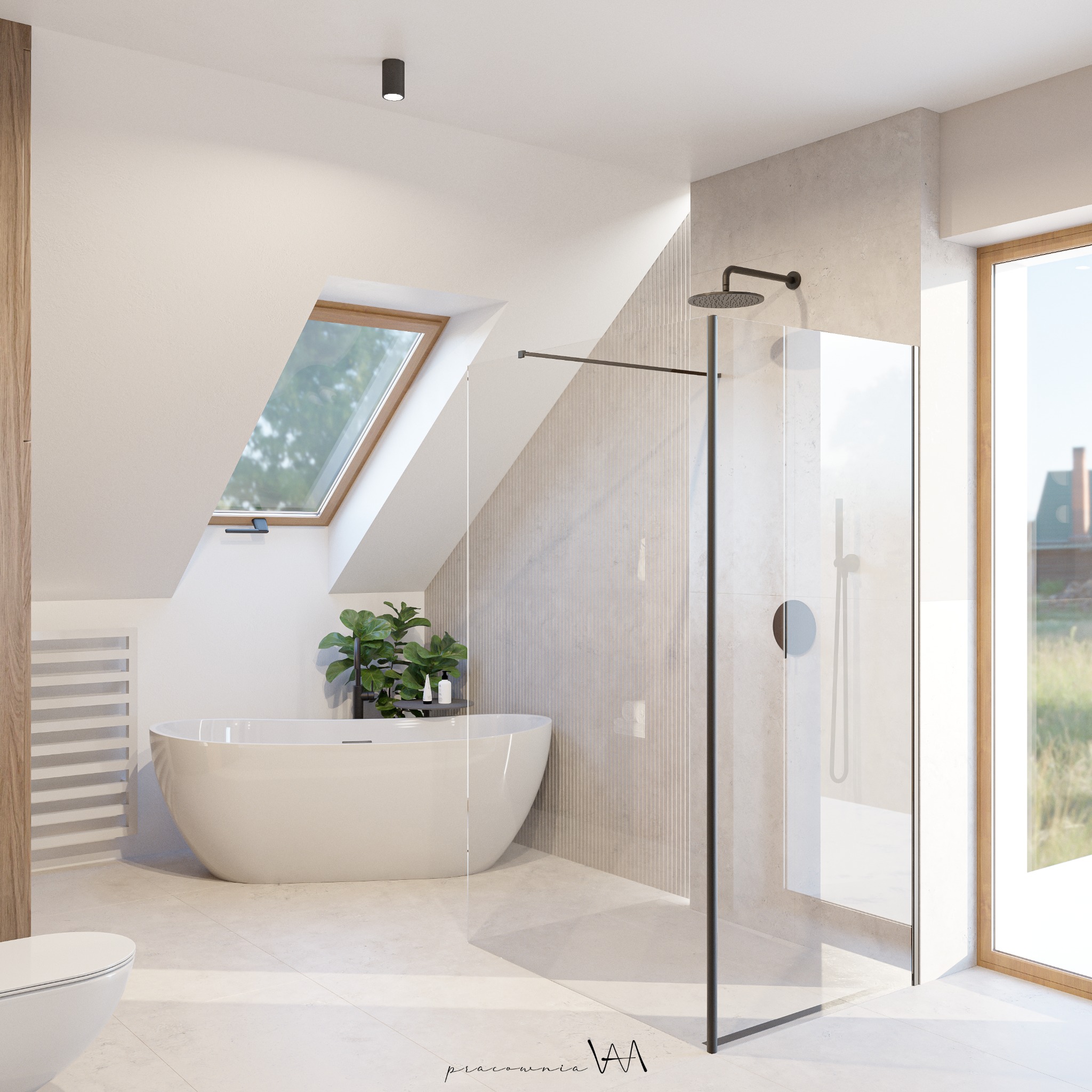 Jasna łazienka na poddaszu z oknem dachowym, wolnostojąca wanna, szklana kabina prysznicowa z czarną armaturą, minimalistyczny grzejnik drabinkowy i rośliny doniczkowe.