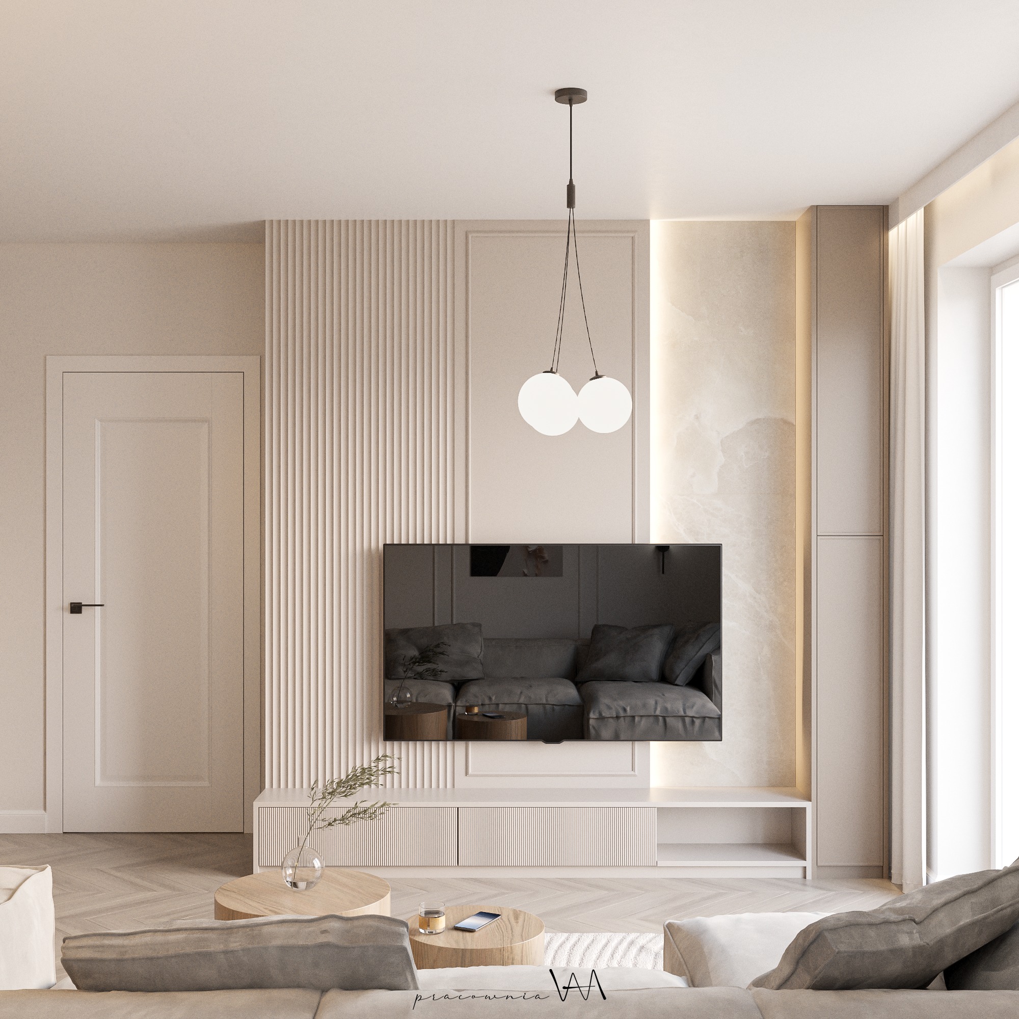 Salon w beżach z telewizorem wkomponowanym w ścianę z dekoracyjnymi panelami, okrągłe stoliki kawowe i parkiet ułożony w jodełkę.