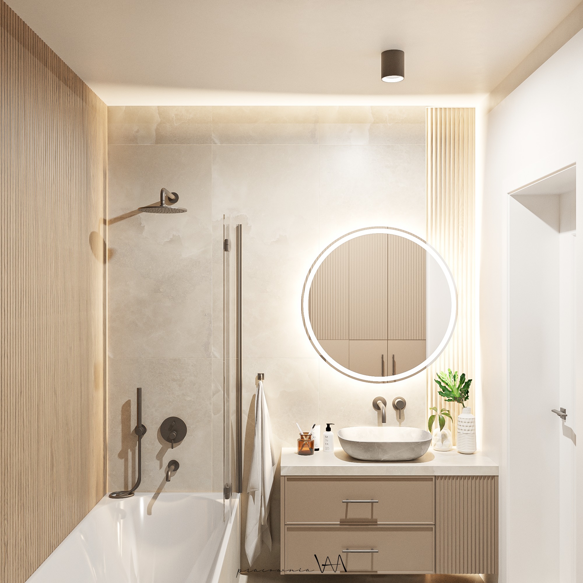 Nowoczesna łazienka z beżowymi płytkami, okrągłym lustrem z podświetleniem LED, umywalką nablatową w kształcie misy, armaturą w kolorze grafitu, kabiną prysznicową ze szklaną ścianką i elementami...