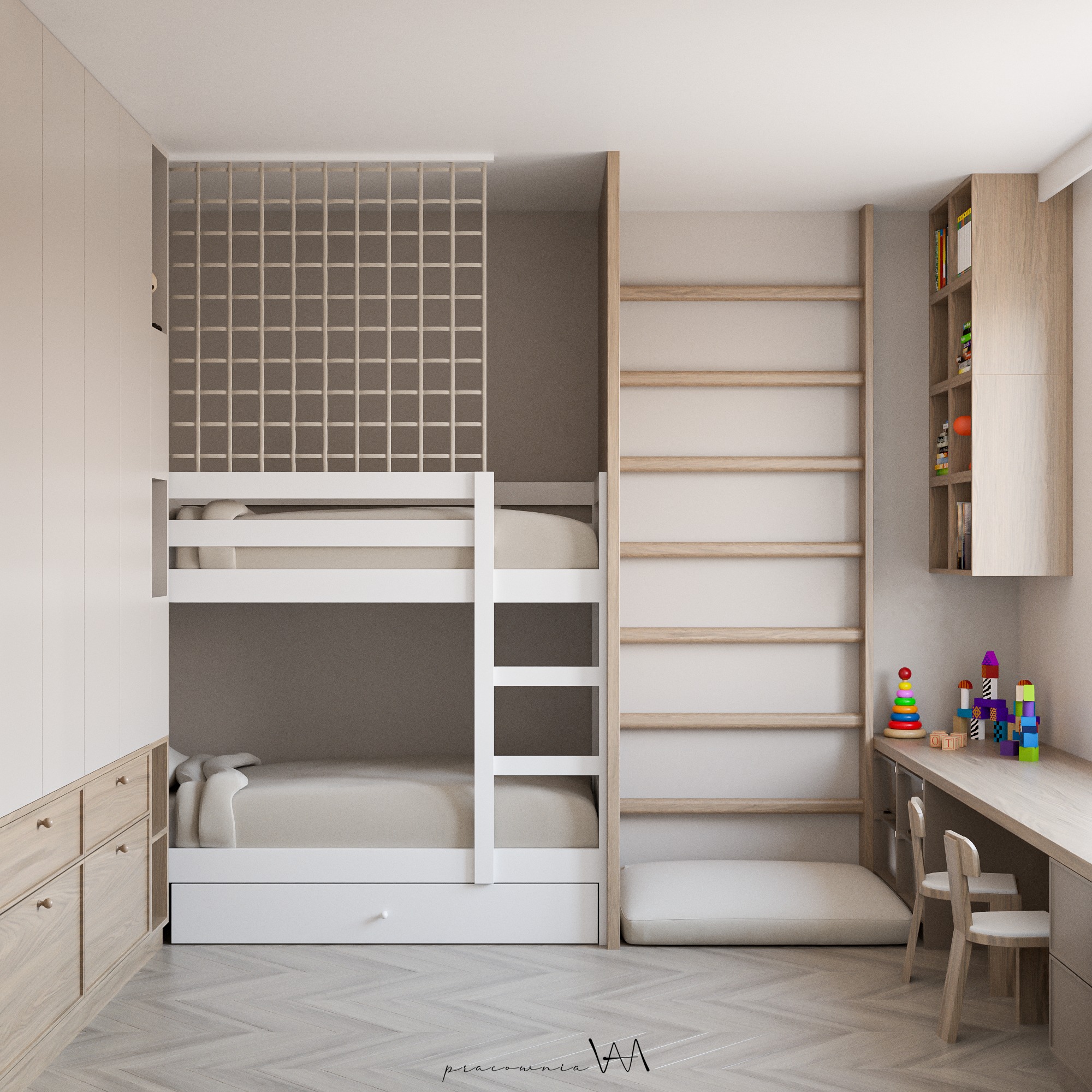 Pokój dziecięcy z łóżkiem piętrowym, ścianką wspinaczkową i biurkiem z zabawkami, utrzymany w jasnej, neutralnej kolorystyce z drewnianymi akcentami i parkietem w jodełkę.