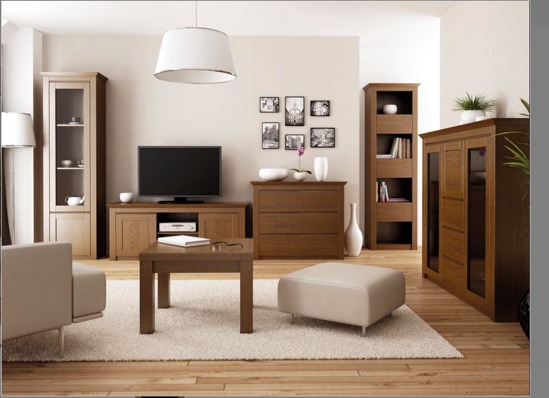 Jasne wnętrze salonu z drewnianymi meblami: regał z przeszkleniami, komoda, szafka RTV, półki na książki i stolik kawowy na puszystym dywanie.