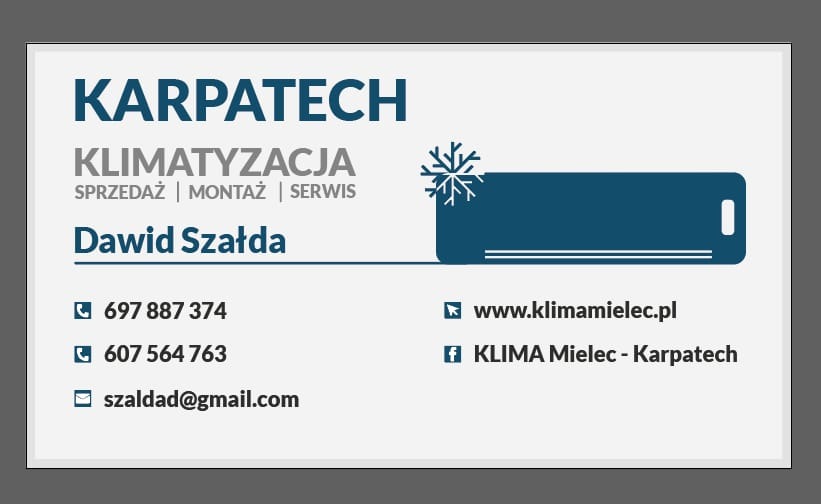 Wizytówka firmy Karpatech Klimatyzacja z Mielca. Oferta: sprzedaż, montaż i serwis klimatyzacji. Dane kontaktowe: telefon, e-mail, strona www i Facebook.