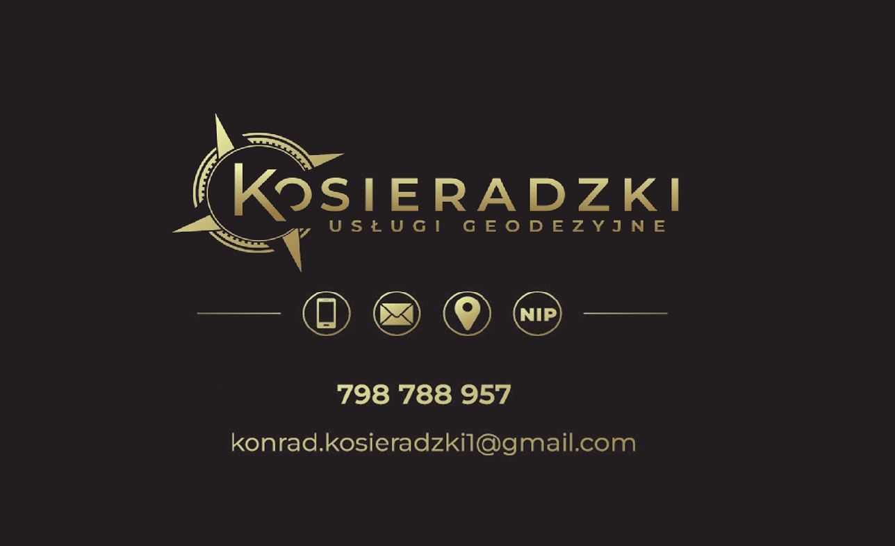 Złote logo firmy geodezyjnej Kosieradzki na czarnym tle, z symbolem kompasu, numerem telefonu i adresem e-mail.