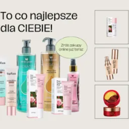 Zestaw kosmetyków do pielęgnacji twarzy i włosów różnych marek, w tym Belle Jardin i Topface, z hasłem 'To co najlepsze dla CIEBIE!' i zachętą do zakupów online.