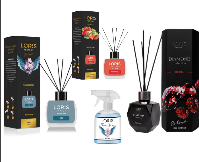 Zestaw zapachów do domu marki Loris Perfumy: dyfuzory trzcinowe w różnych wariantach zapachowych (Truskawka, Anioł, Rubin) oraz spray do pomieszczeń Anioł, prezentowane na białym tle.