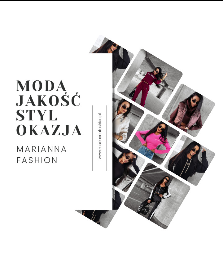 Kolaż zdjęć modelki w różnych stylizacjach dresowych marki Marianna Fashion, na białym tle z napisem 'Moda, Jakość, Styl, Okazja'.