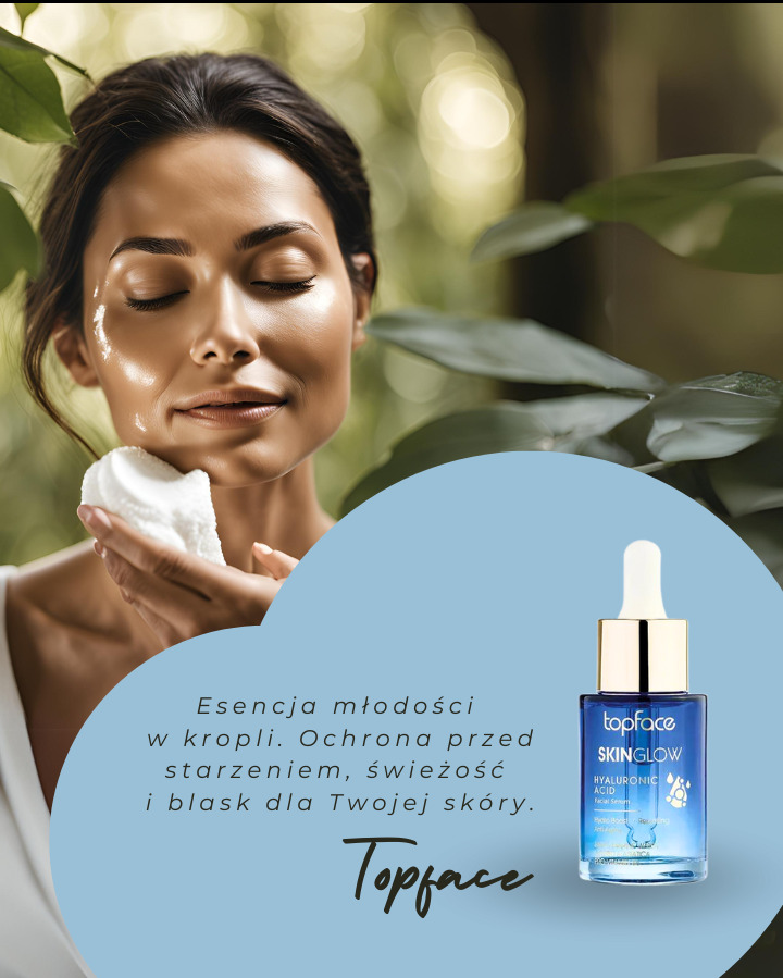 Kobieta z zamkniętymi oczami, aplikująca kosmetyk na twarz w otoczeniu zielonych liści, obok butelka serum Topface Skinglow Hyaluronic Acid.