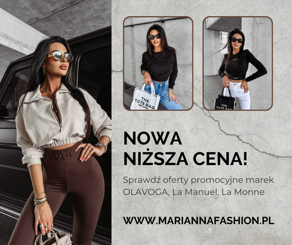 Kobieta w brązowych legginsach i beżowej bluzie z krótkim zamkiem, prezentująca ofertę promocyjną marki odzieżowej na tle czarnego samochodu i kolażu dwóch dodatkowych stylizacji z torebkami.